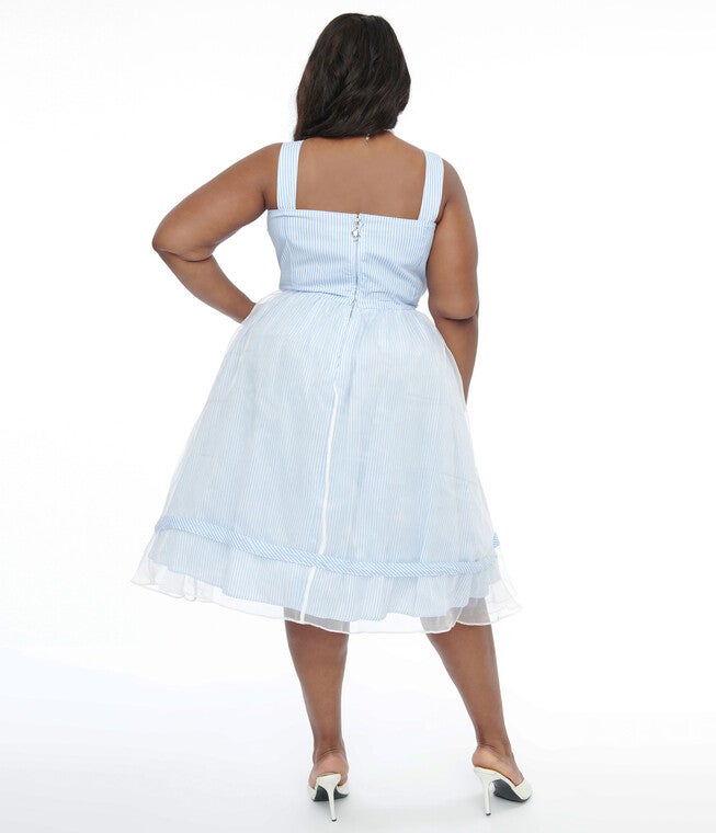 Barbie x Unique Vintage 1960s Blue & White Stripe Movie Date Swing Dress, Blue White Stripe / Light Blue, alternate image number 1