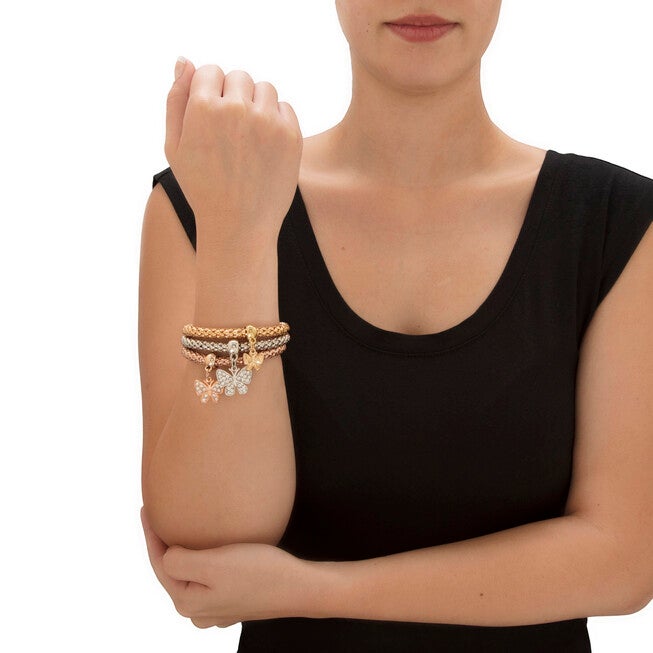 Crystal Butterfly Rose Tone Goldtone and Silvertone Stretch Bracelet Set 8 inches, White / White, alternate image number null