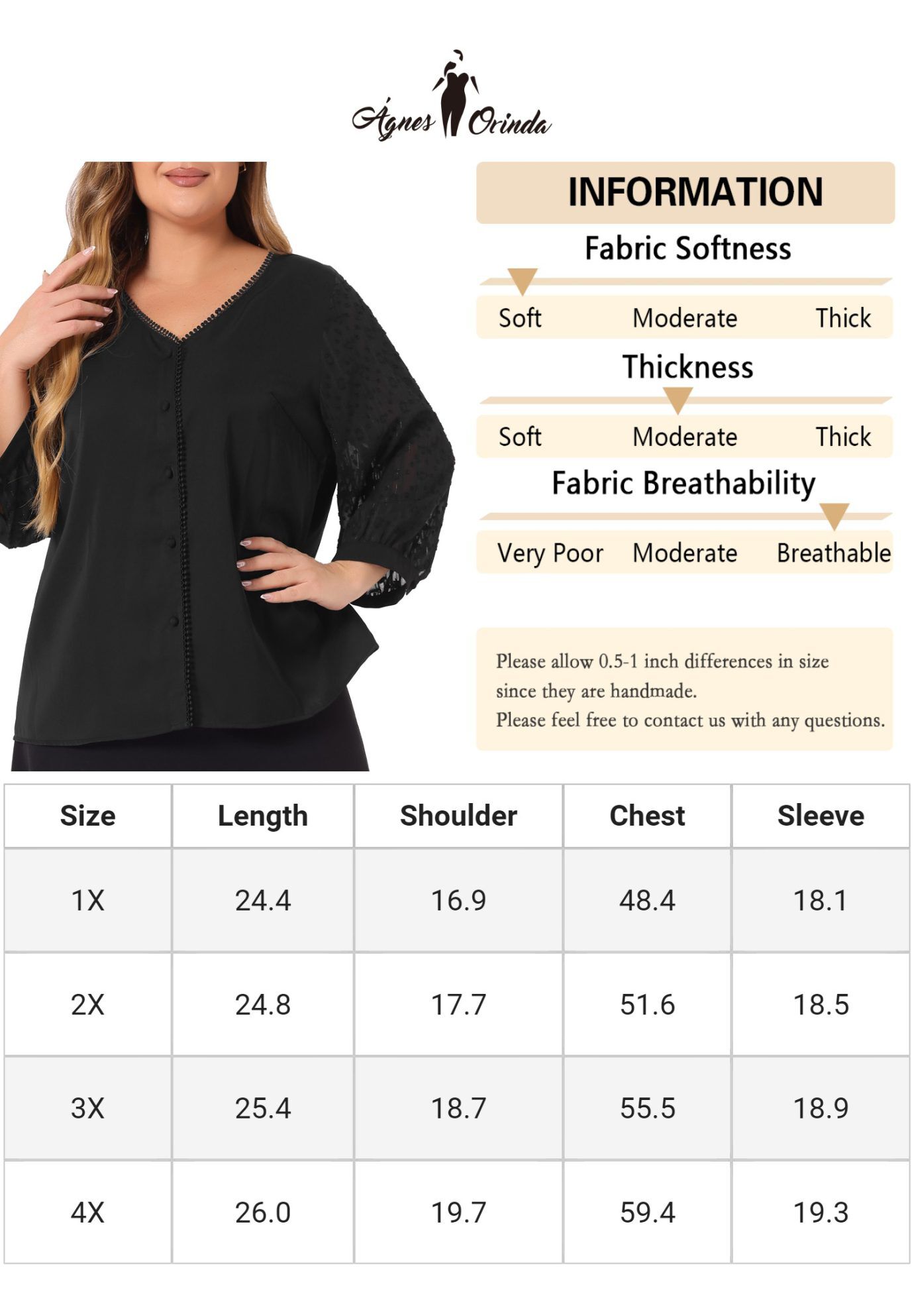 V Neck Sheer Lace Panel 3/4 Sleeve Button Up Lace Top, Black / Black, alternate image number 4