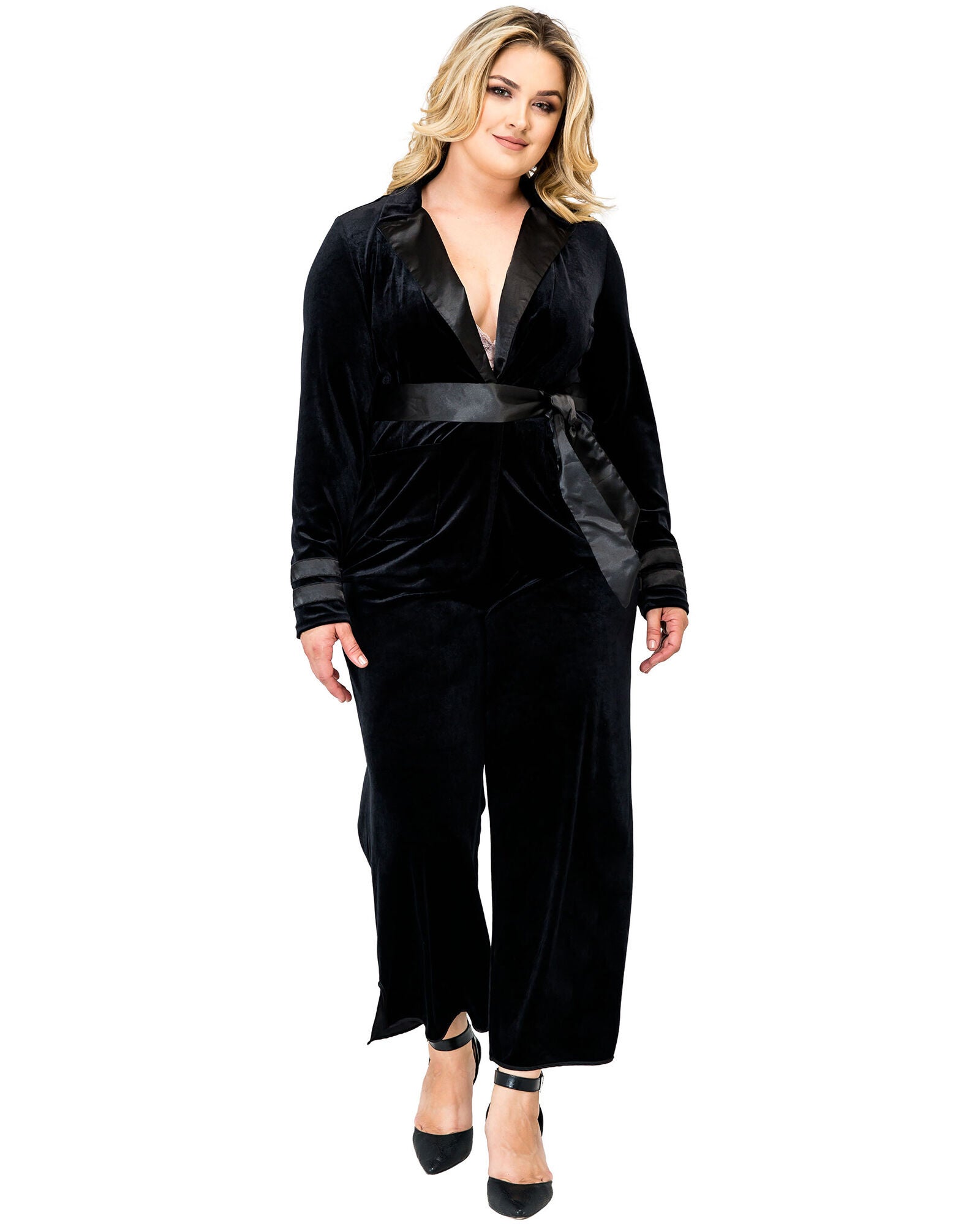 Plus Size Lottie Stretch Velvet Wrap Smoking Jacket With Satin Lapel And Satinbelt, Black / Black, alternate image number 4