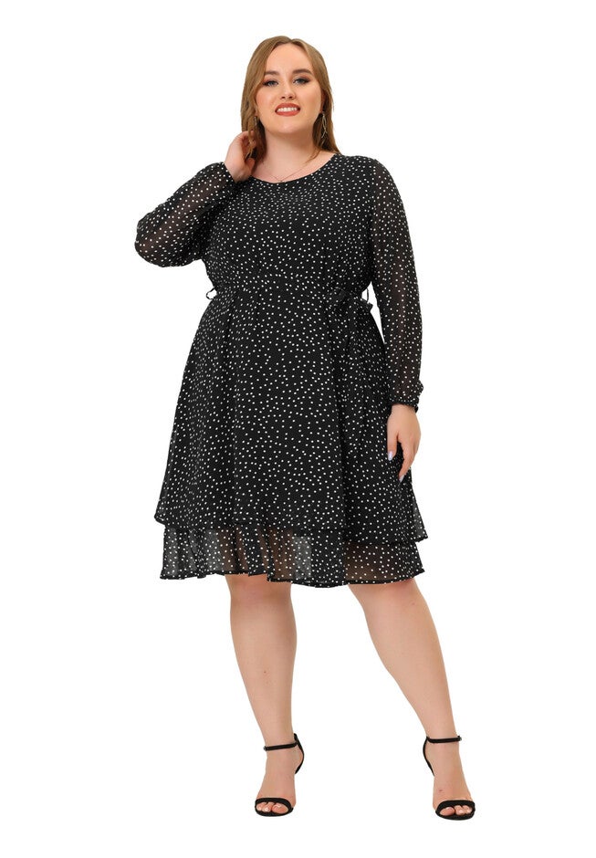 Chiffon Polka Dots Tie Waist Long Sleeve Dress, Black / Black, hi-res image number 0