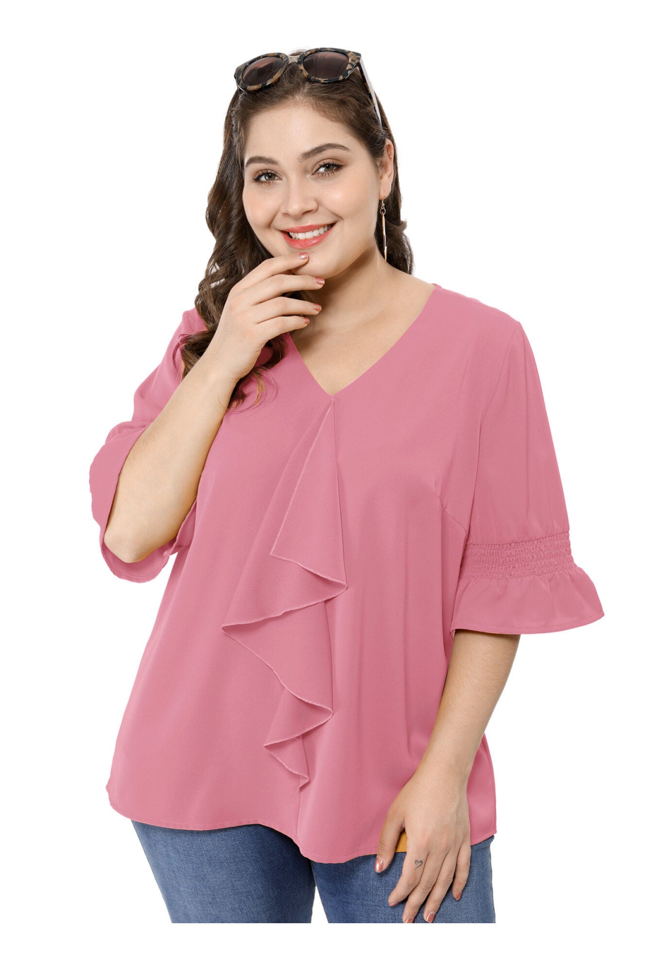 Ruffle Blouse V Neck Smocked Sleeves Top, Pink / Pink, hi-res image number 0