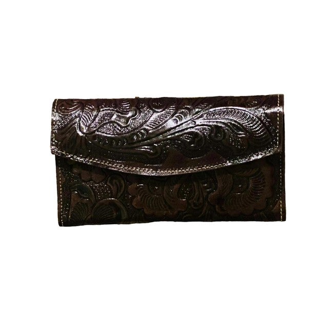Women's Tri Fold Tooled Leather Wallet, Brown / Brown, hi-res image number 0