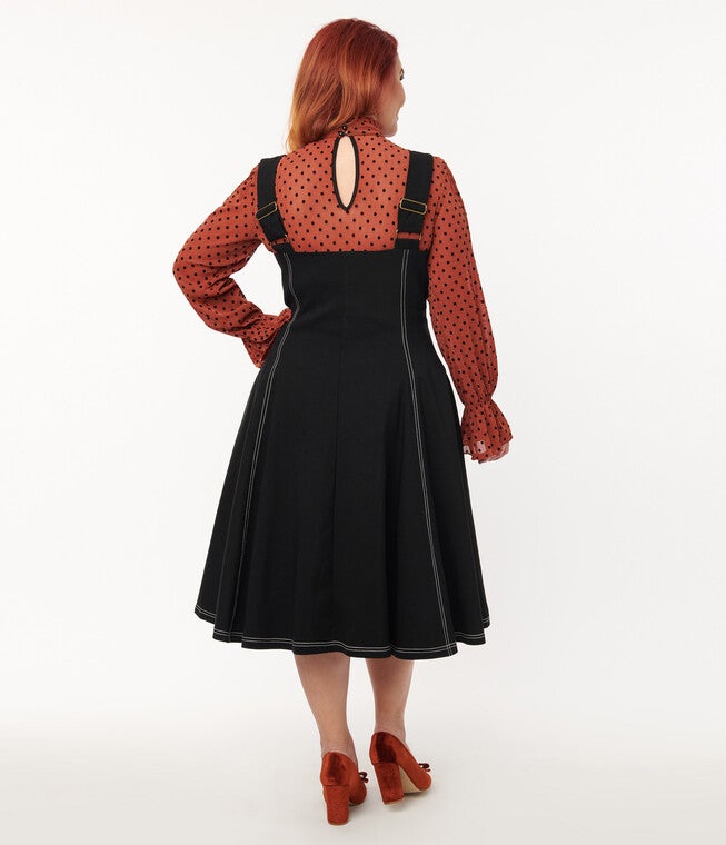 Unique Vintage Black Denim Button Suspender Swing Skirt, Black / Black, alternate image number null