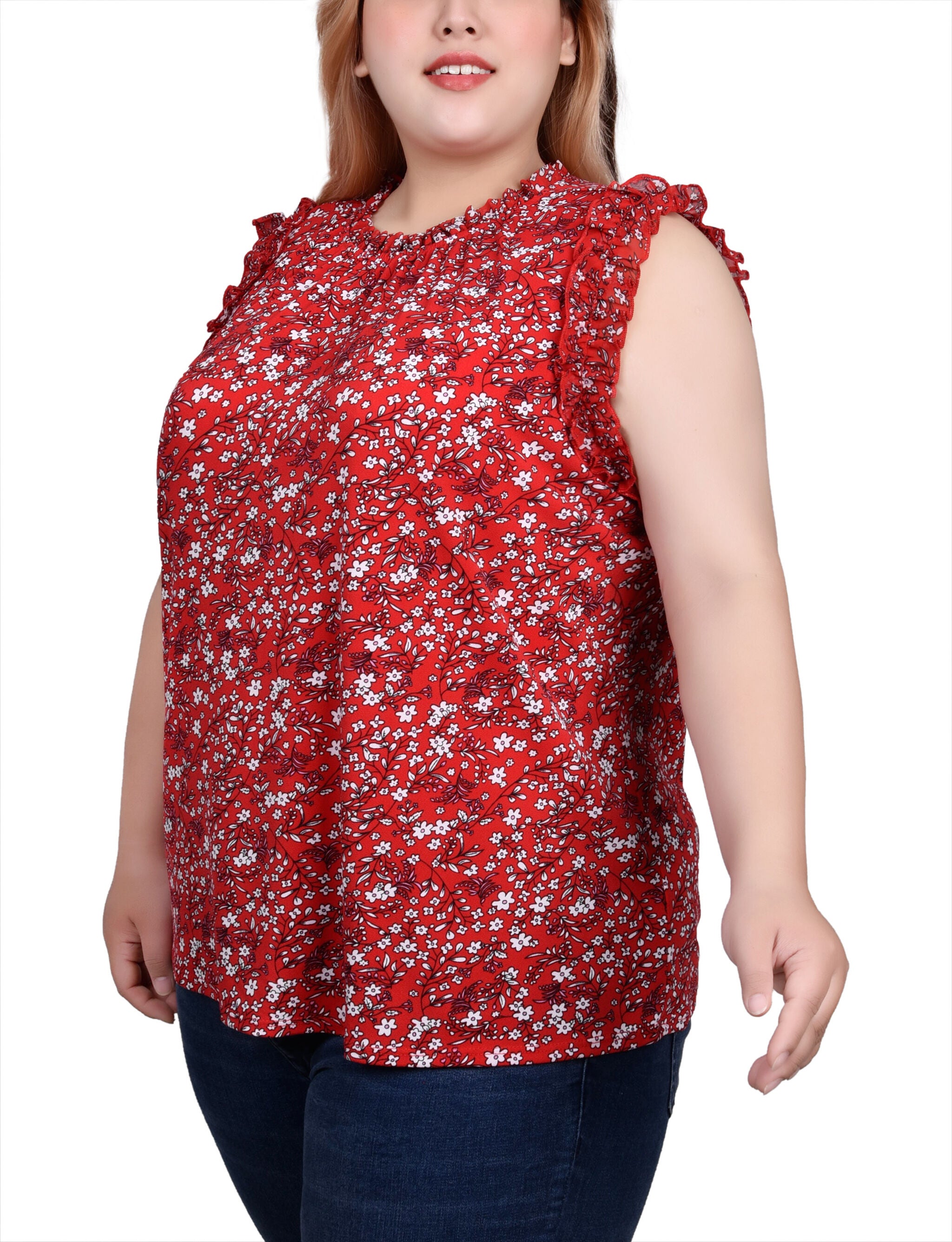 Sleeveless Crepe Top With Chiffon Ruffles, Red Disty / red, alternate image number 3