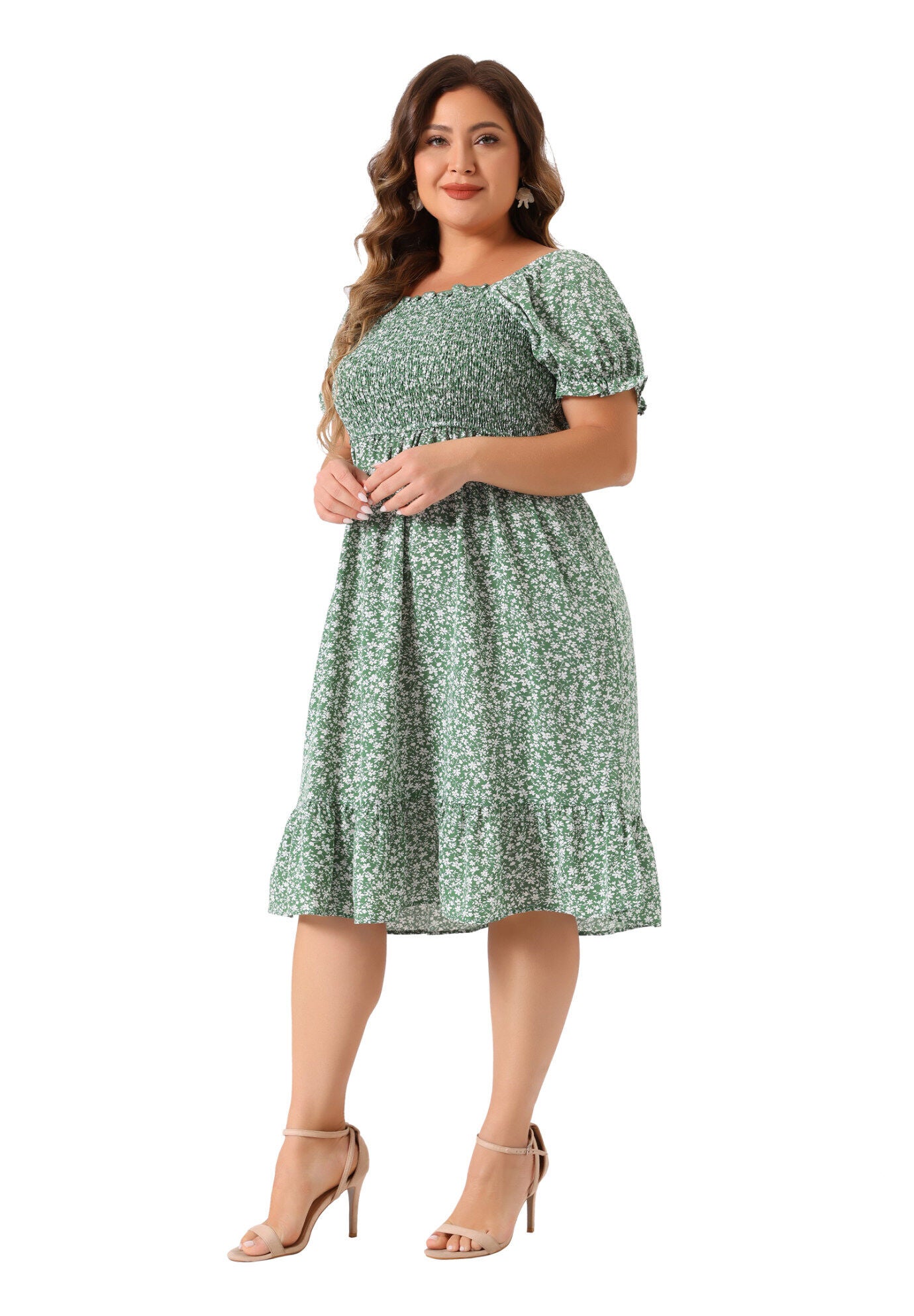 Ruffle Short Sleeve Flared Flowy Smock Floral Print Dress, Green / Sage Green, hi-res image number 0