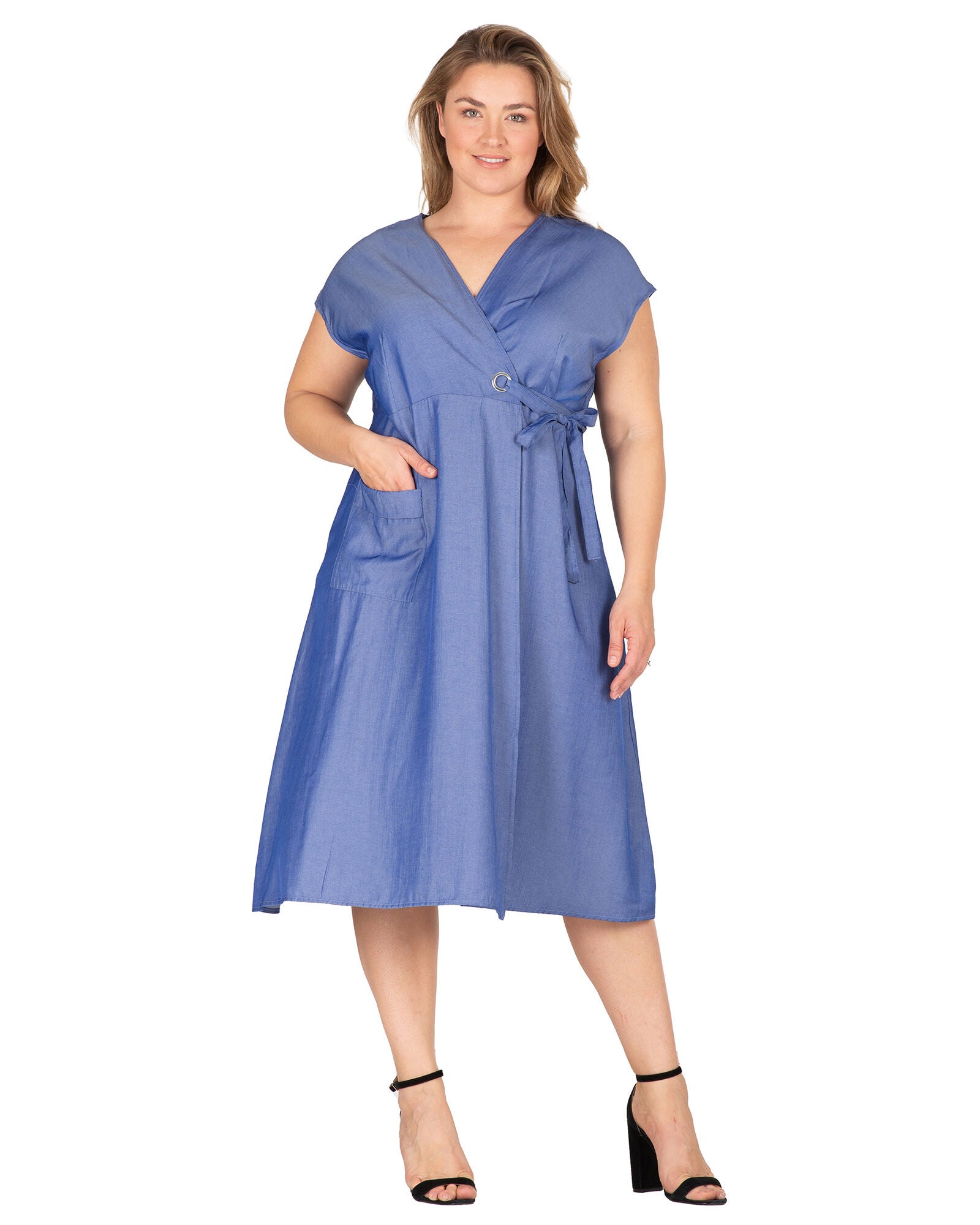 Hazel Women&#39;s Kimono Cap Sleeves Midi Wrap Dress, Indigo / Light Blue, hi-res image number 0
