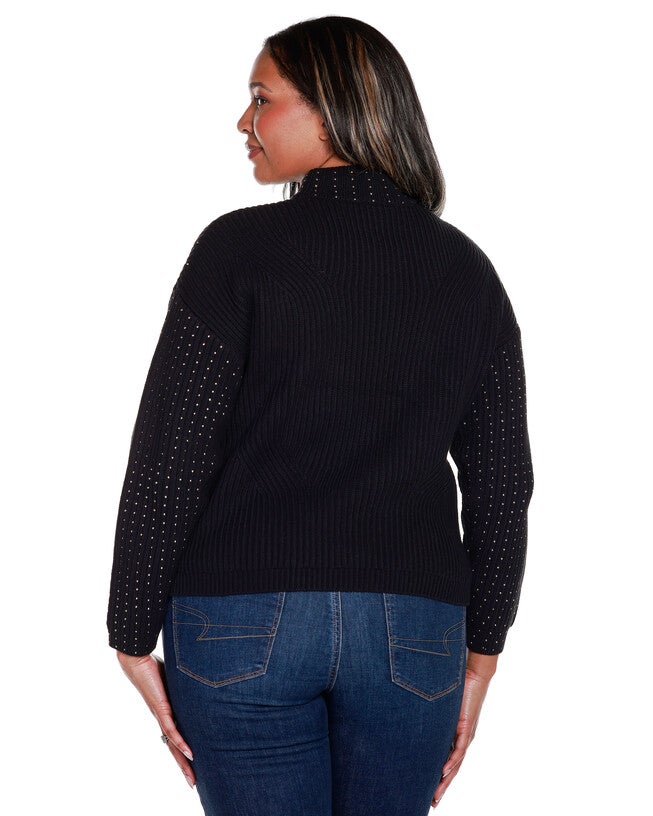 EMBELLISHED MOCK NECK RIBBED SWEATER, Black / Black, alternate image number 1