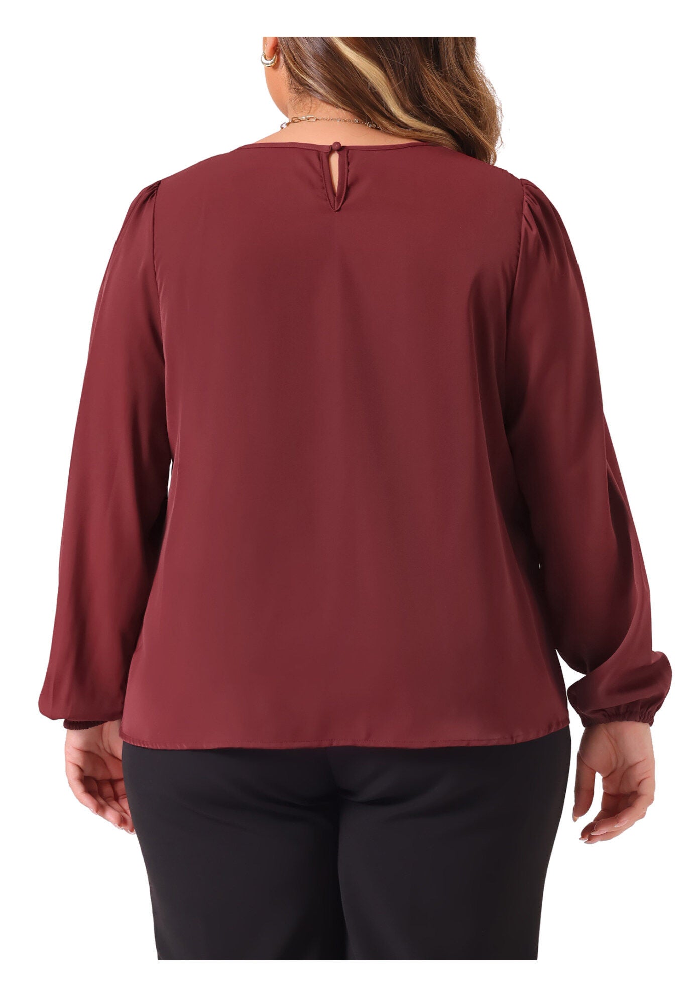 Crew Neck Pleated Work Office Long Sleeve Blouse, Burgundy / Burgundy, alternate image number 3