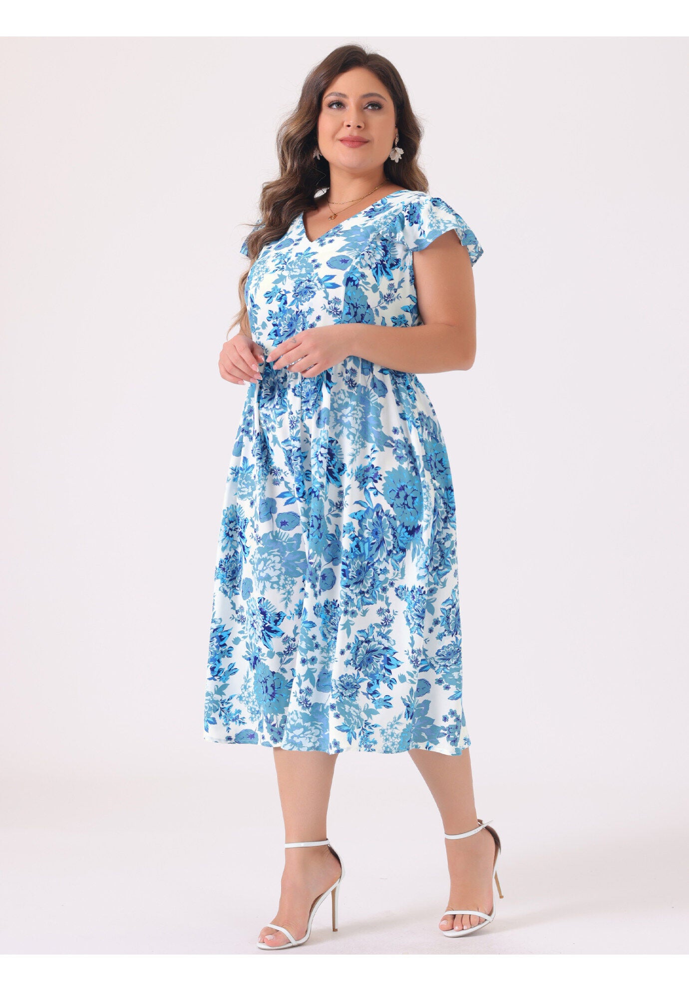 Floral Ruffle Short Sleeves Tie Back V Neck Summer Dress, Blue / Light Blue, hi-res image number 0