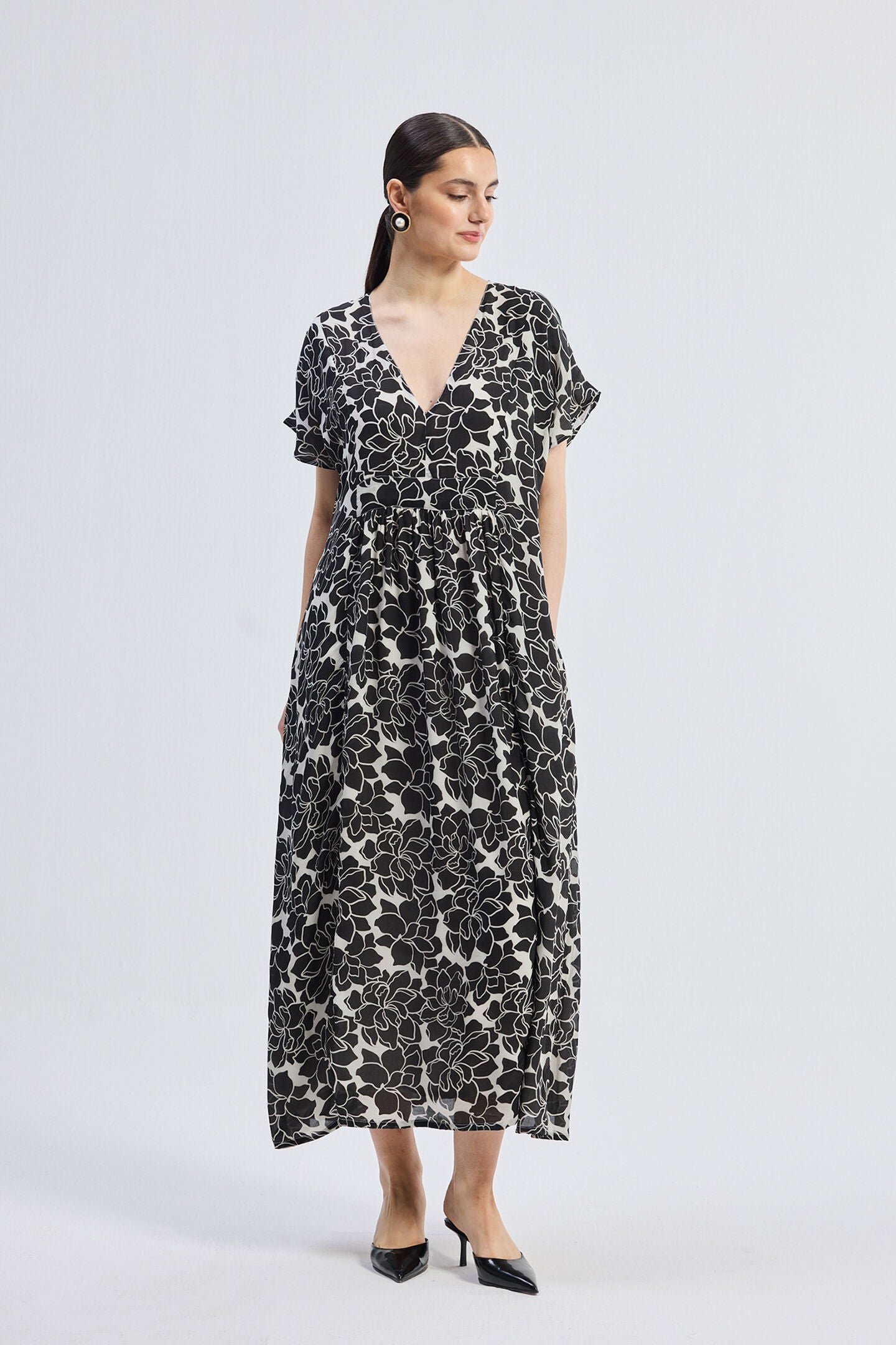 Deep V-neck Maxi Dress with Front Gathers in Black Florals, Midnight Bloom / Black, alternate image number 5