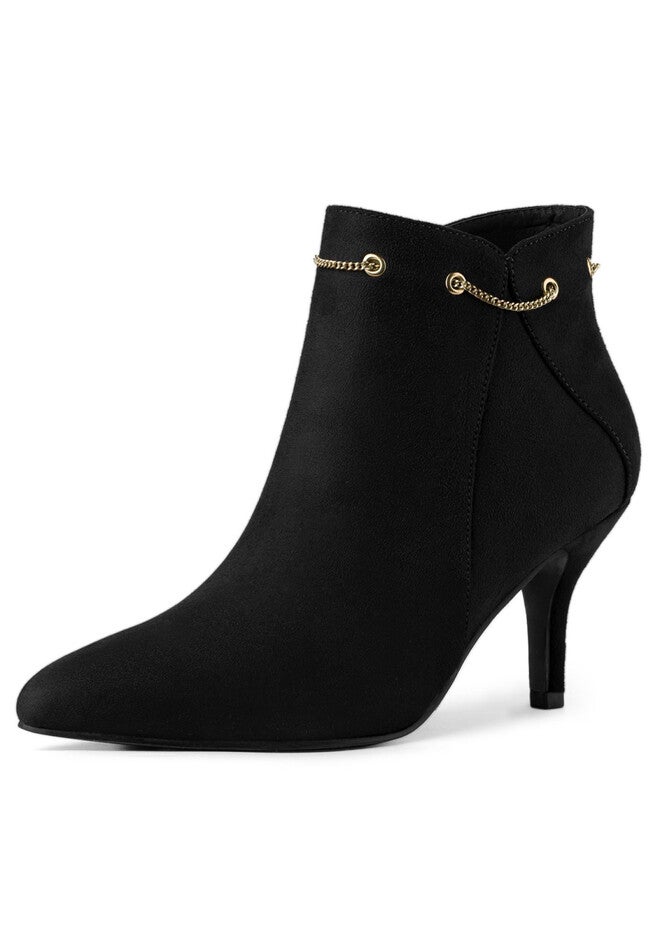 POINTED TOE ZIP STILETTO HEEL BOOTIES, Black / Black, hi-res image number null