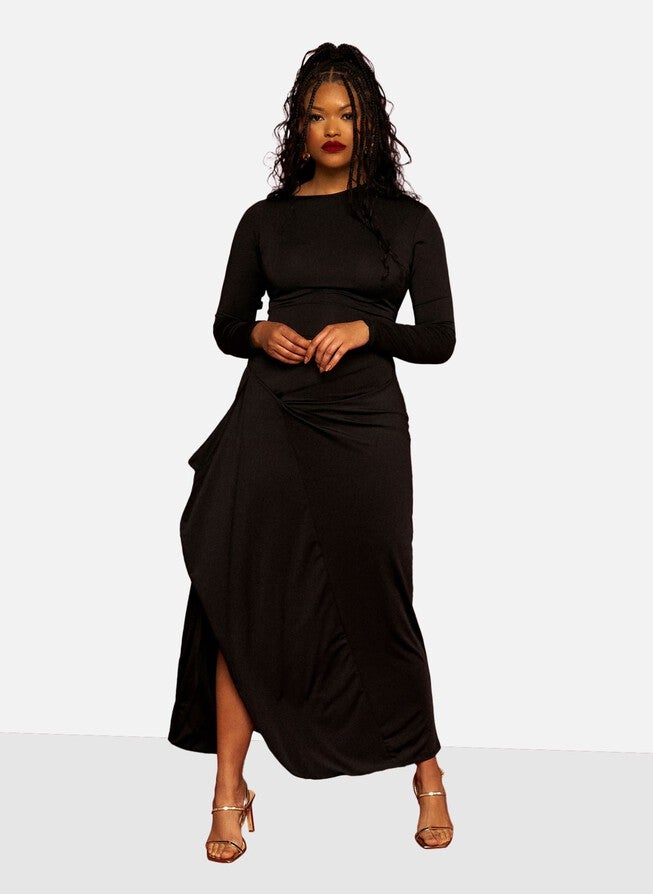 Bell Adjustable Waist Maxi Dress with Side Slit, Black / Black, alternate image number 2