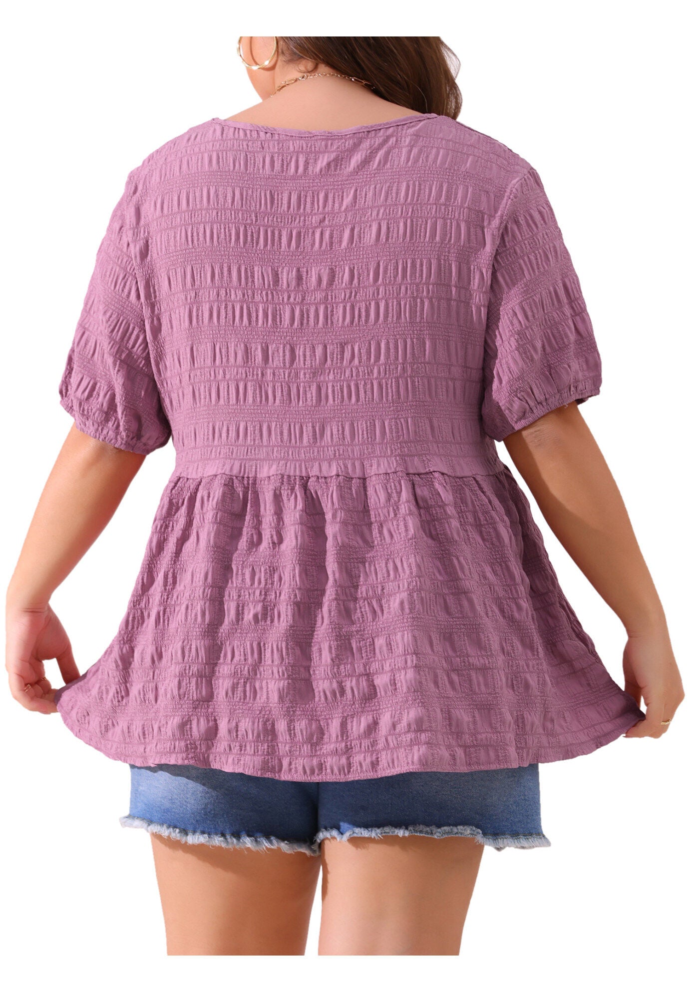Babydoll Short Sleeve Loose Fit Flowy Blouse, Purple / Purple, alternate image number 3