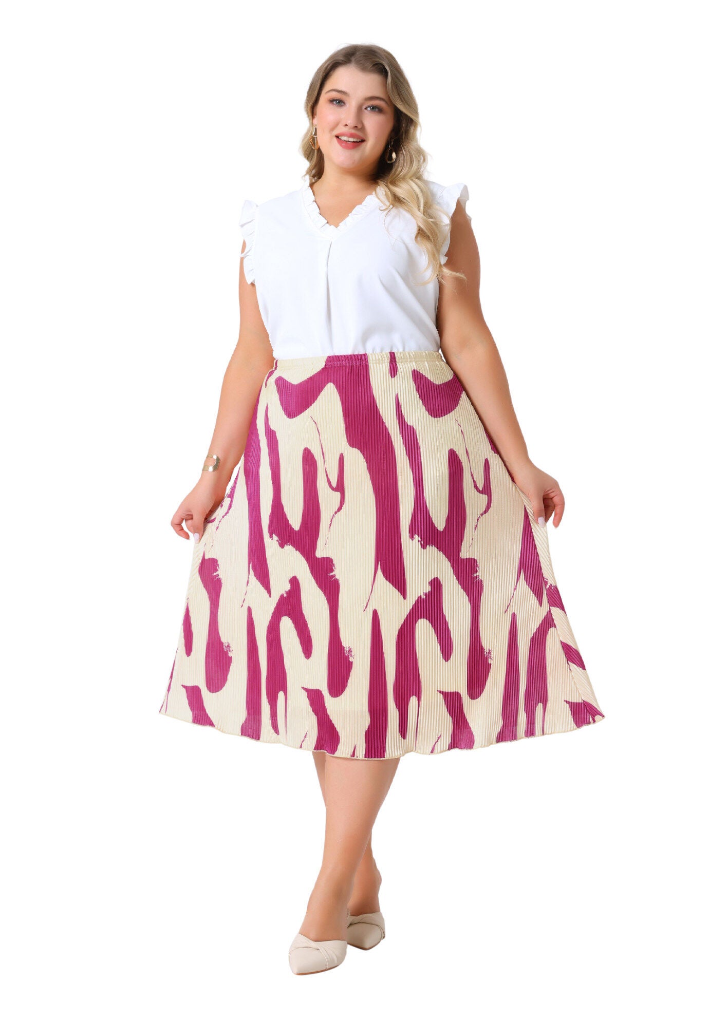 Print Pleated High Waisted A-Line Midi Skirt, Hot Pink / Pink, hi-res image number 0