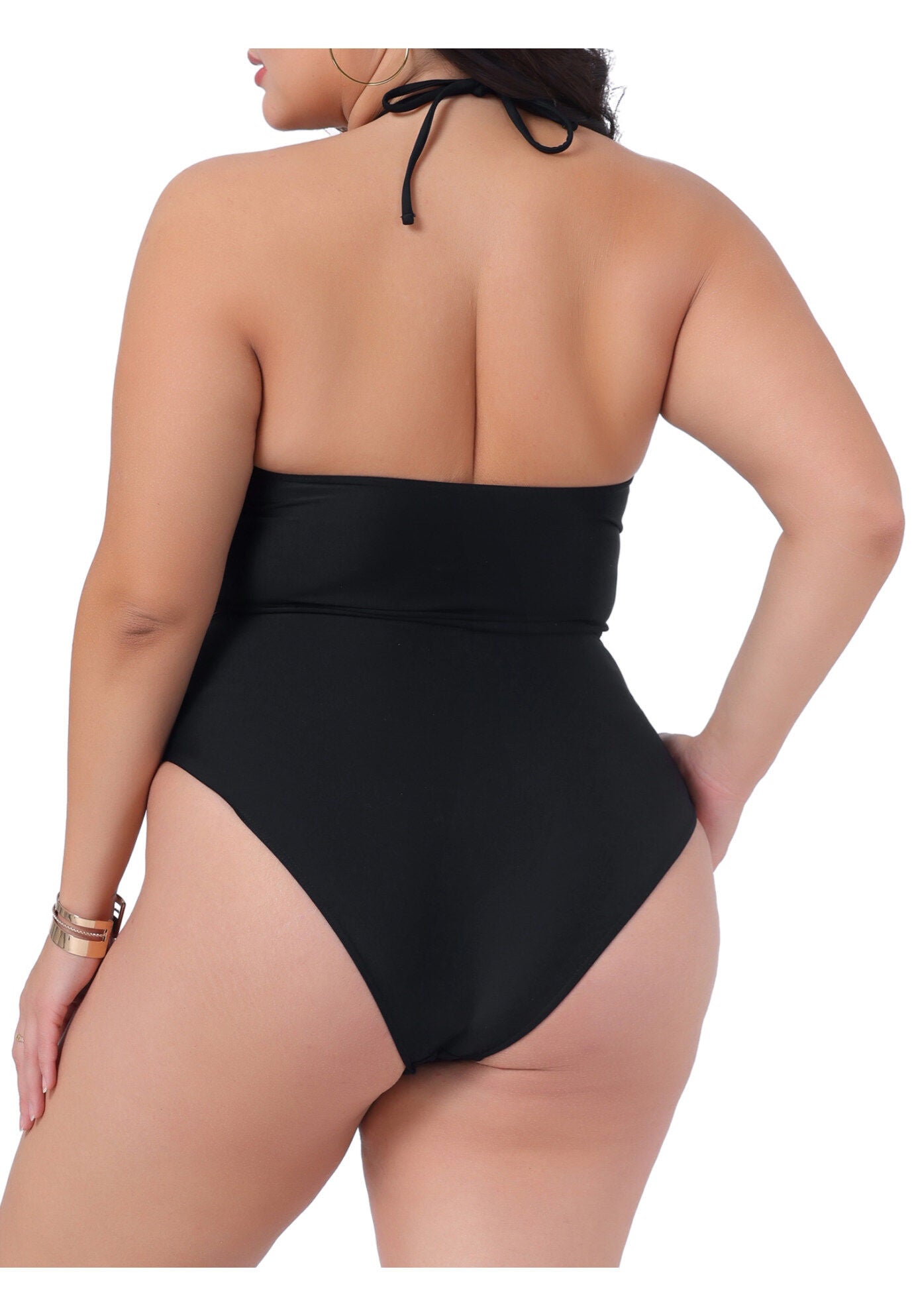 2 Piece Halter Ruched Polka Dots Solid High Waisted Swimsuit Set, Black / Black, alternate image number 3