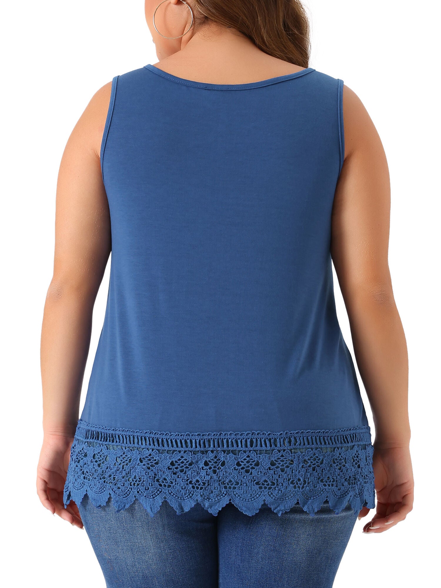 Round Neck Sleeveless Swing Lace Panel Flowy Top, Navy Blue / Navy, alternate image number 3