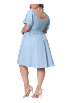 Summer Sweetheart Neck Self Tie Front Puff Sleeve Back Elastic Dress