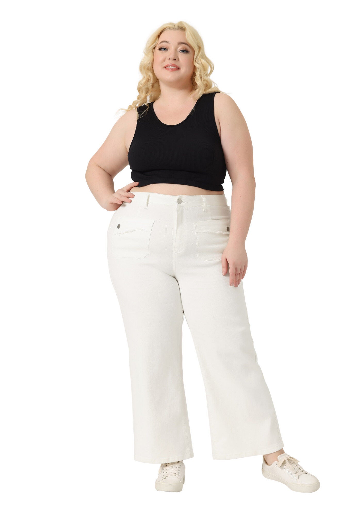 WIDE LEG WASHED STRETCHY PALAZZO PANTS DENIM JEANS, White / White, hi-res image number 0