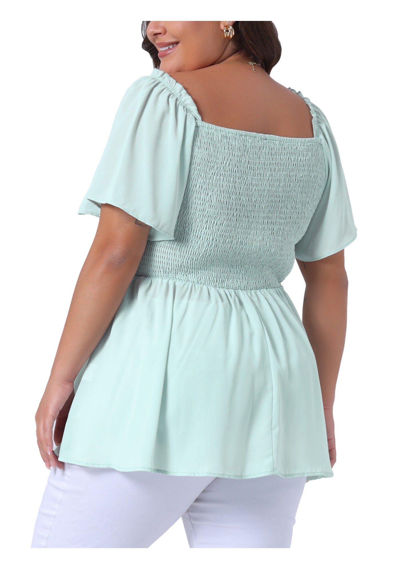 Square Neck Short Sleeve Ruffle Hem Loose Fit Blouse, Light Green / Light Green, alternate image number 3