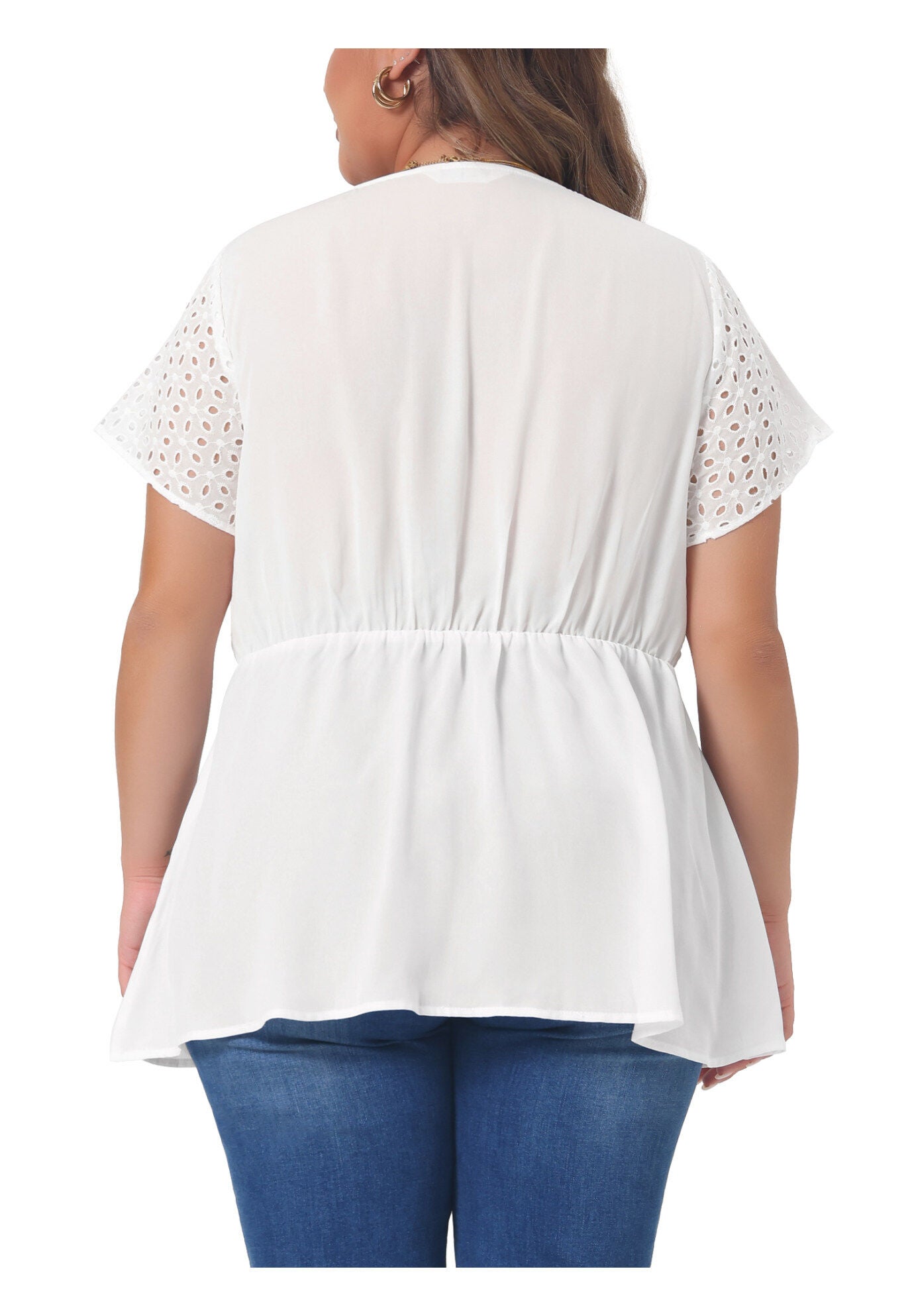 PEPLUM BLOUSE SUMMER SHORT SLEEVES V NECK BABYDOLL TOP, White / White, alternate image number 3