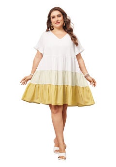 Babydoll Ruffle Short Sleeve Loose Flowy Swing Hem Chambray V Neck Mini Dress