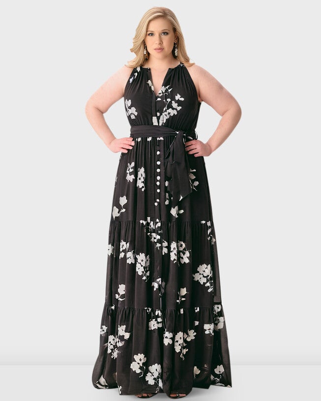 Floral print georgette ruched tier dress, Black / Black, hi-res image number 0