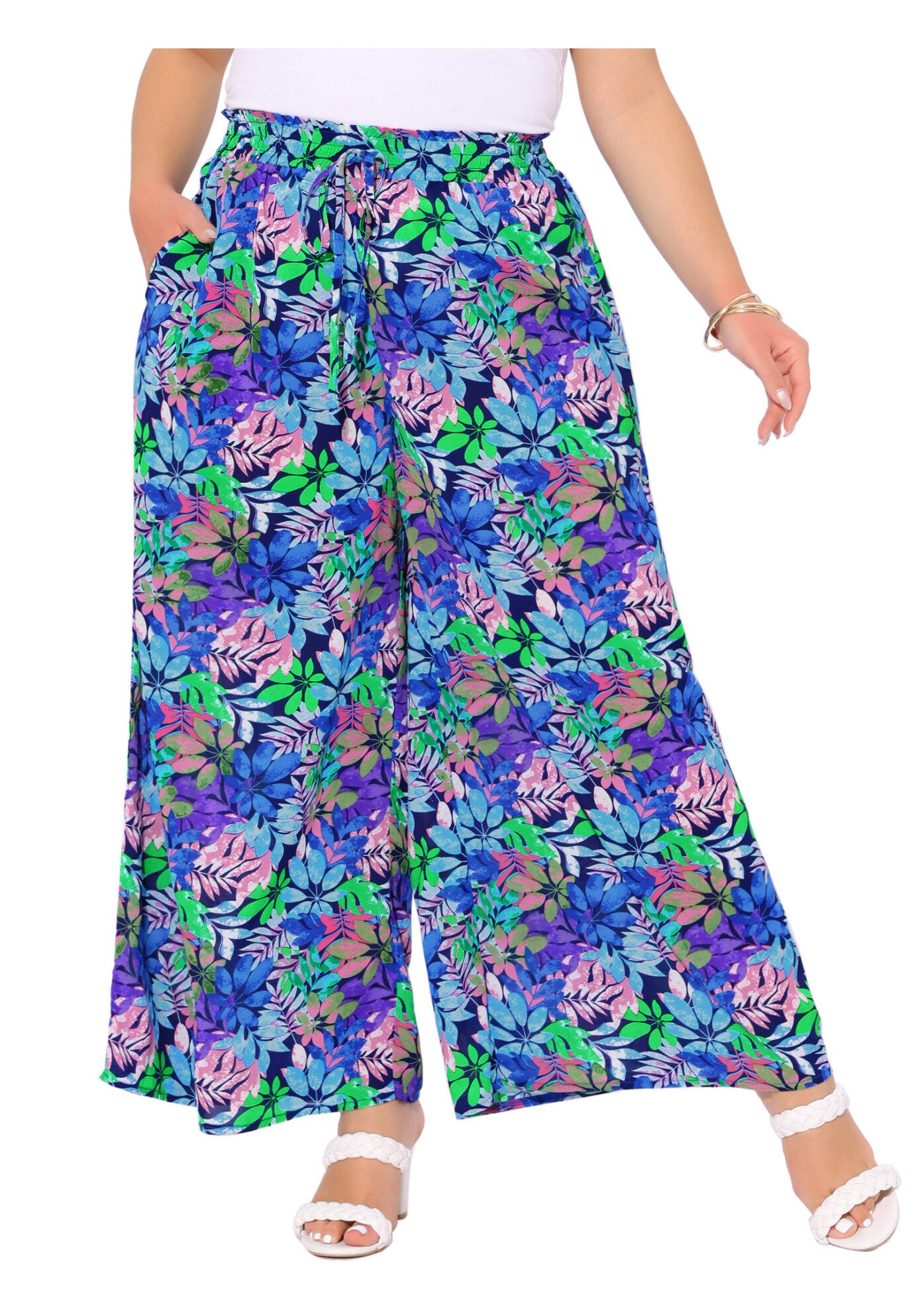 Wide Leg Floral Palazzo Pants Flowy Beach Trousers with Pocket, Dark Blue Purple / Purple, alternate image number 2