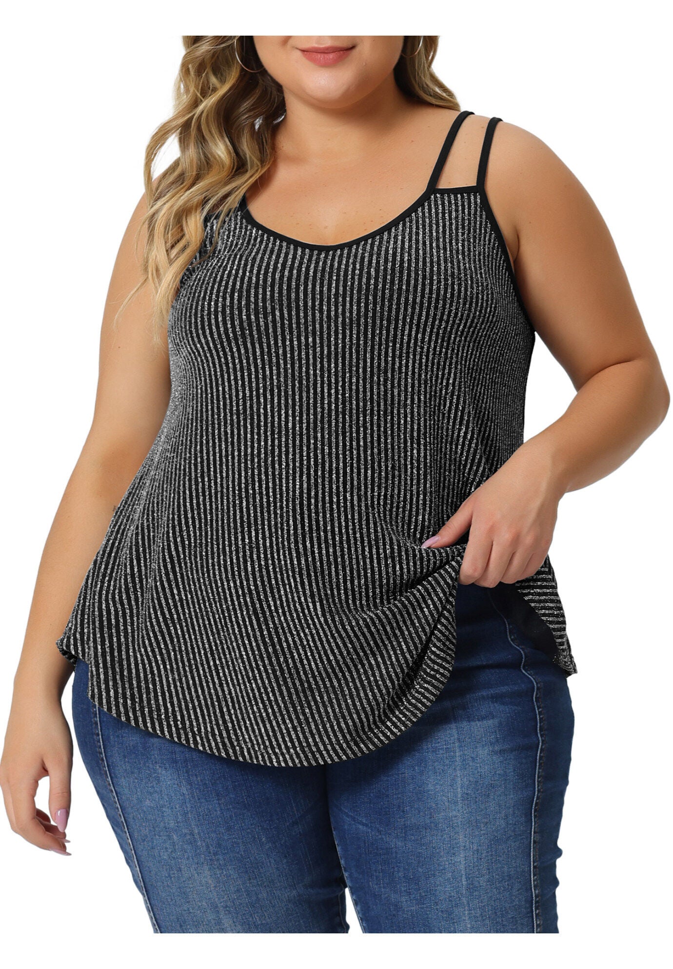 Sleeveless V Neck Tank Cami Party Glitter Sparkle Top, Silver / Silver, alternate image number 1