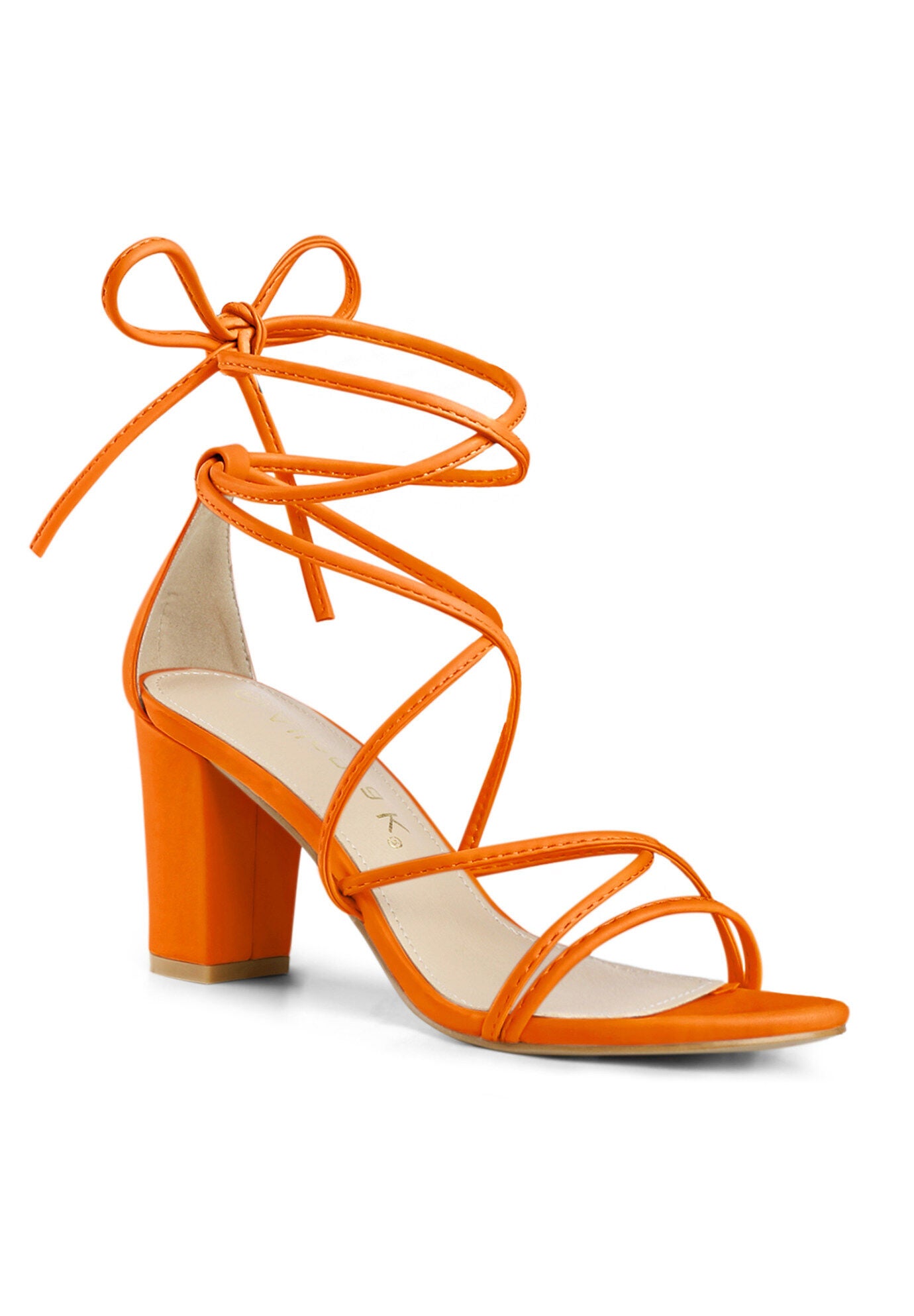 Strappy Lace Up Chunky Heeled Heels Sandals, Orange / Orange, hi-res image number 0