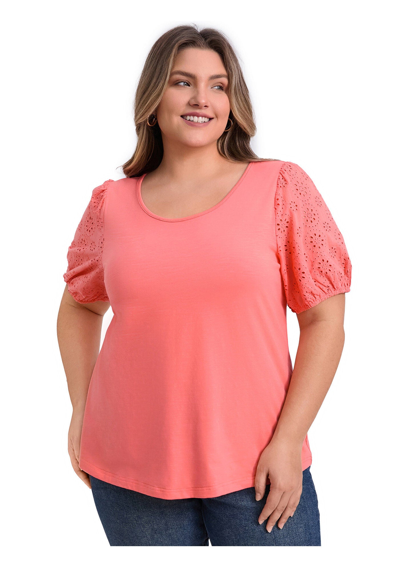 Round Neck Embroidered Panel Hollow Puff Short Sleeve Blouse, Coral Red / Coral, hi-res image number 0