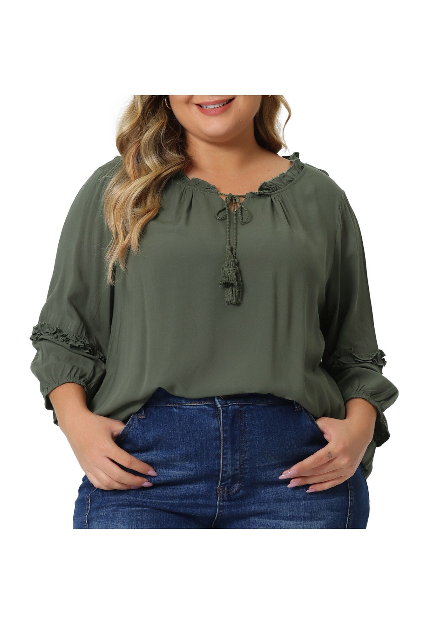 TIE NECK TASSEL SELF FLUTTER 3/4 SLEEVE BLOUSE TOP, Army Green / Olive Green, alternate image number 2