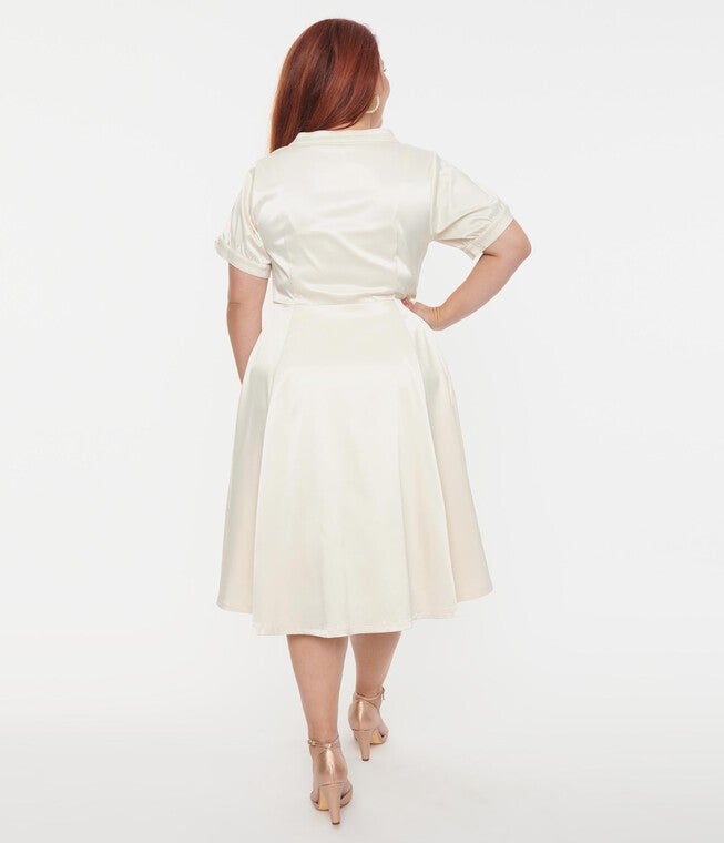 Unique Vintage Ivory Satin Button Bridal Swing Dress, White / Ivory, alternate image number 3