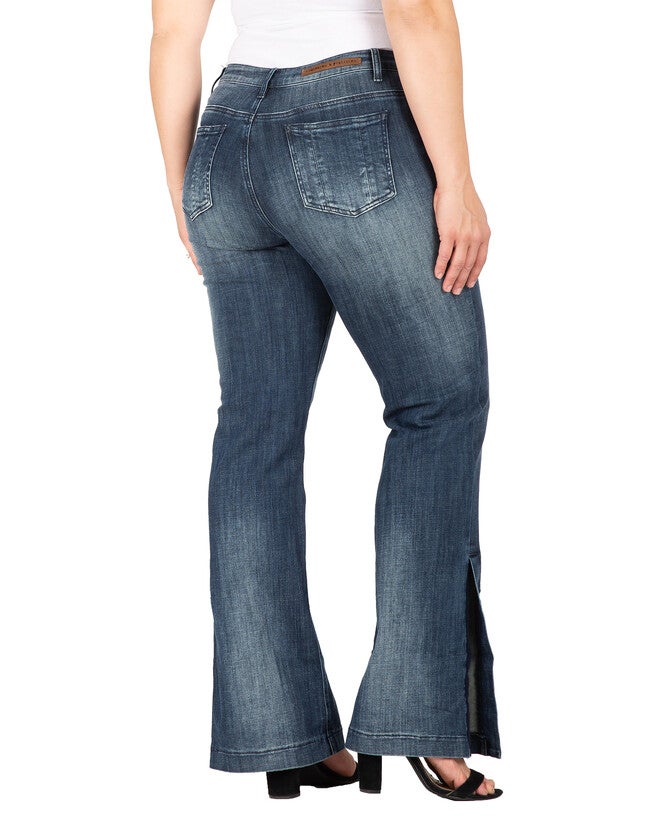 Rainie Light Hand-Sanded Plus Size Stretch Denim High-Waist Slit Hem Jeans, Medium Blue / Medium Wash, alternate image number 4