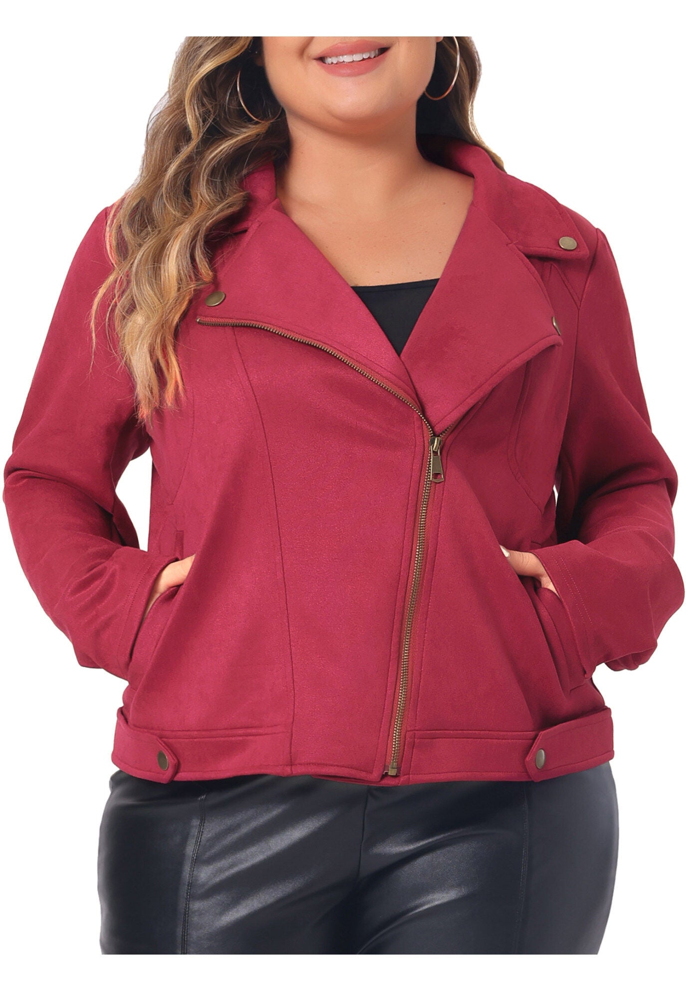 FAUX SUEDE ZIPPER CROP MOTO BIKER JACKET, Burgundy / Red, alternate image number 2