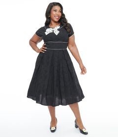 Unique Vintage 1950s Black & Ivory Polka Dot Bow Cotton Swing Dress