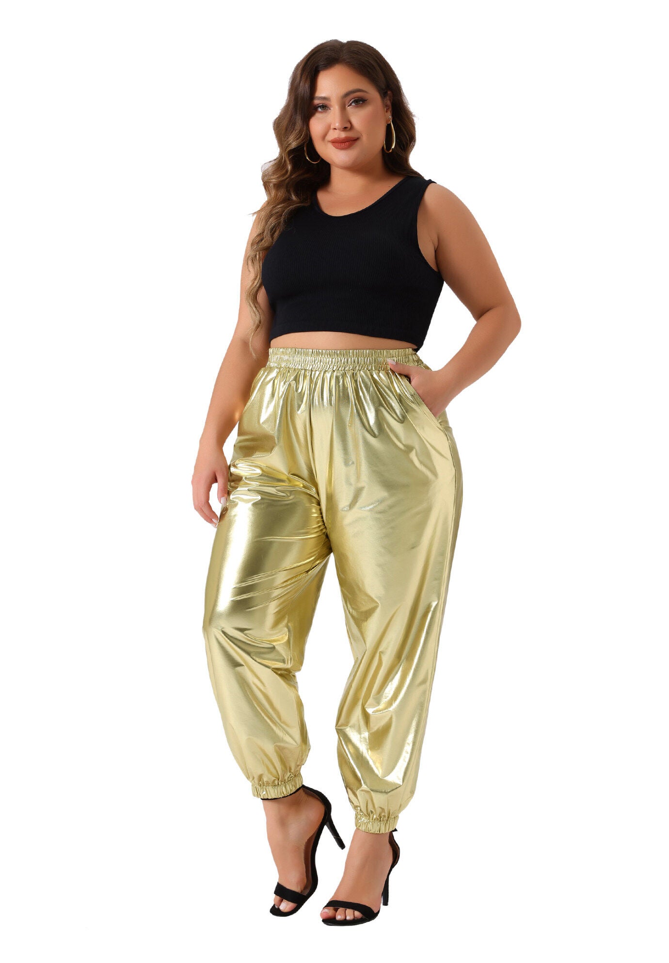 METALLIC SHINY HIGH WAIST STRETCHY HOLOGRAPHIC JOGGER SWEATPANT, Gold / Gold, hi-res image number 0