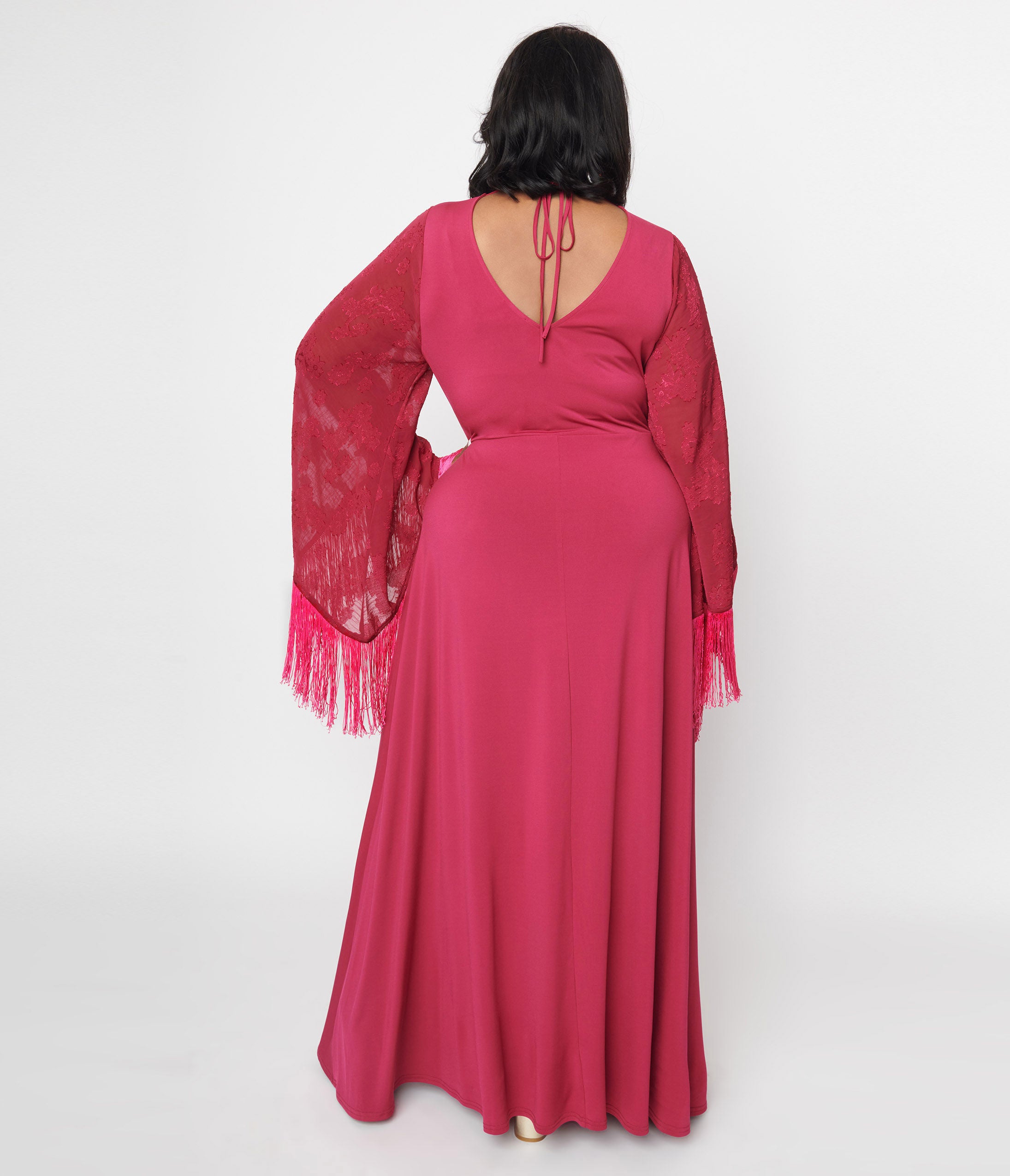 Smak Parlour 1970s Berry Floral Fringe Sleeve Maxi Dress, Berry / Magenta, alternate image number 1