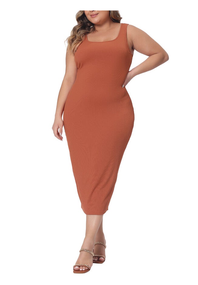 SLEEVELESS SQUARE NECK BODYCON SUNDRESS MIDI TANK DRESS, Orange / Orange, alternate image number null