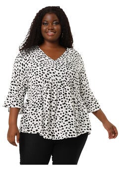 Polka Dots Blouse V Neck 3/4 Ruffle Sleeve Peplum Top