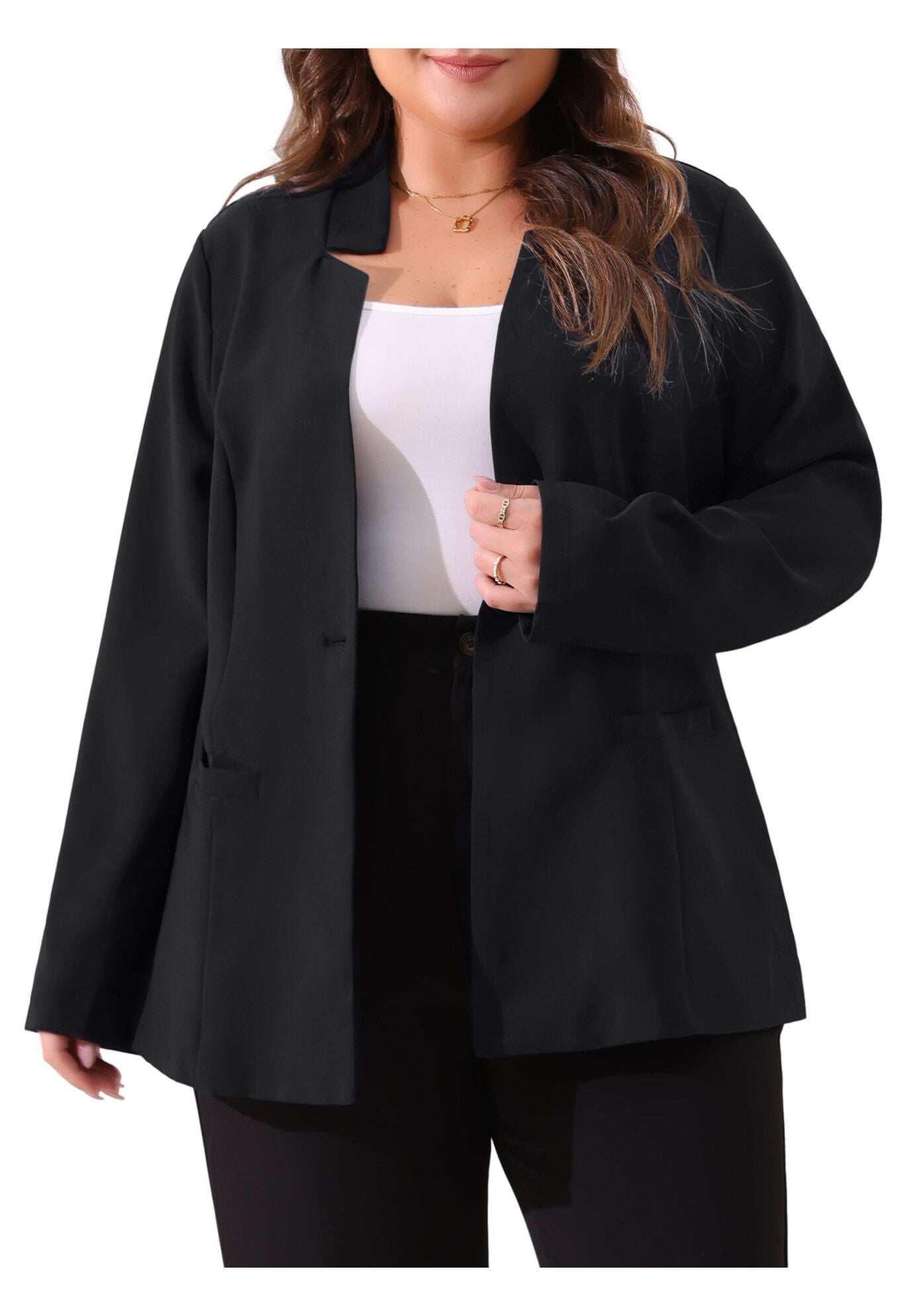OFFICE WORK BUTTON LONG SLEEVE BLACK BLAZER, Black / Black, alternate image number 1