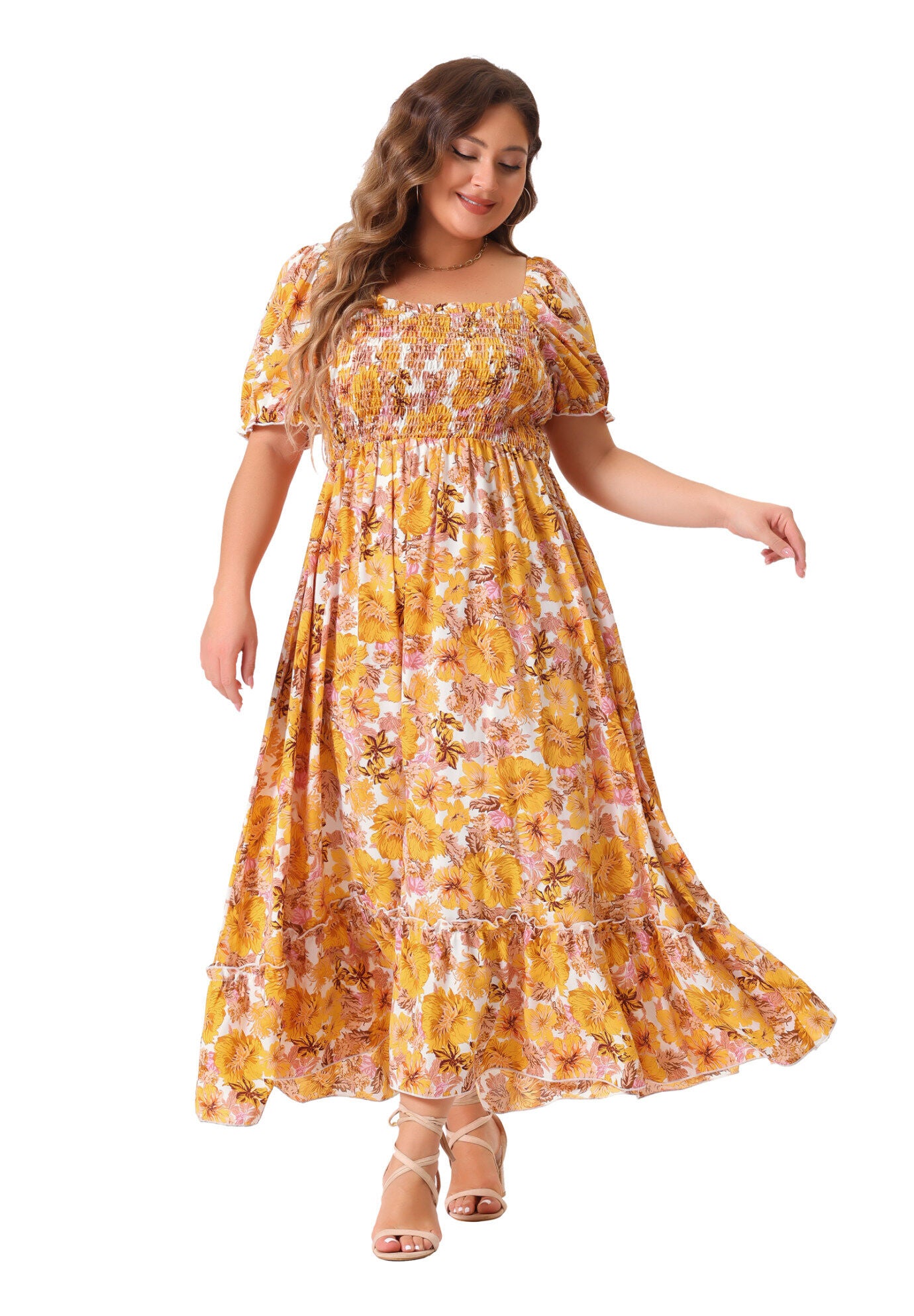 Short Sleeve Shirred Square Neck Floral Maxi Dress, Dark Yellow / Yellow, hi-res image number 0