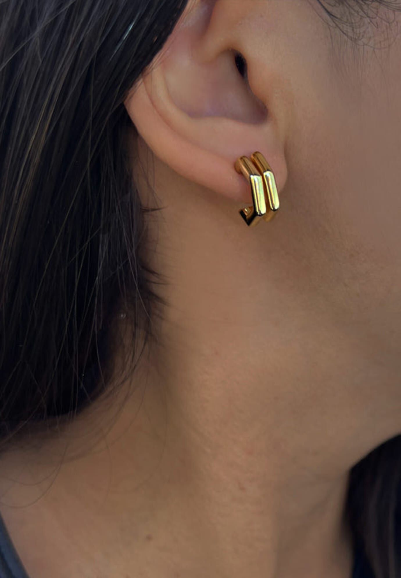 FUTURISTIC Double Hexagon Chubby Huggies | 18K Gold Over Sterling Silver, Gold / Gold, alternate image number 5