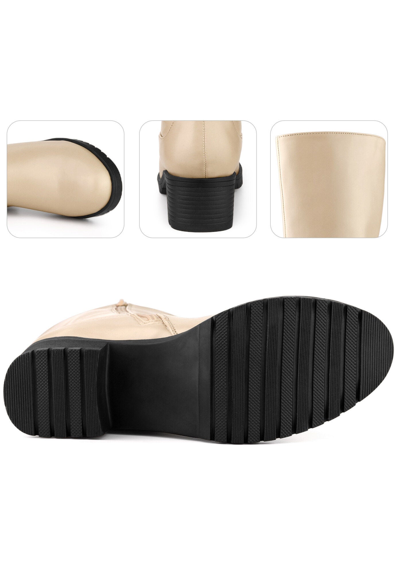 Riding Combat Boot Round Toe Chunky Heels Mid Calf Boots, Tan / Tan, alternate image number 2