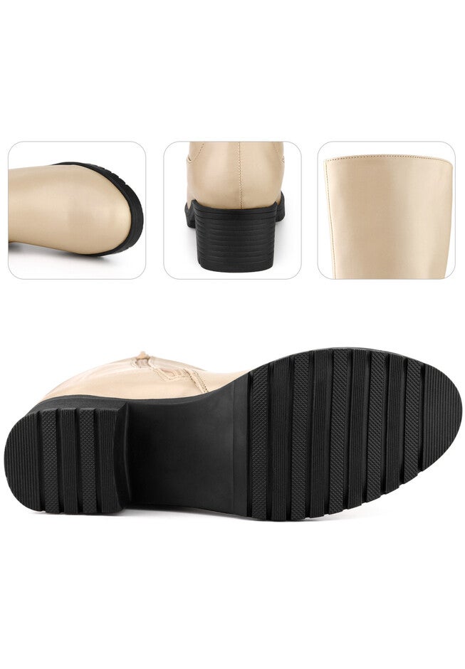 Riding Combat Boot Round Toe Chunky Heels Mid Calf Boots, Tan / Tan, alternate image number 2