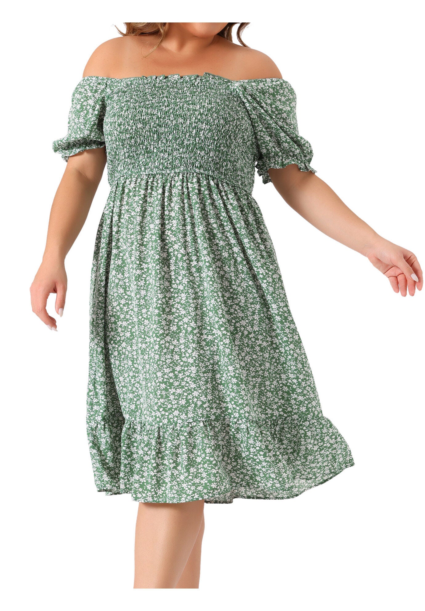 Ruffle Short Sleeve Flared Flowy Smock Floral Print Dress, Green / Sage Green, alternate image number 2