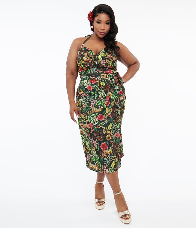 Unique Vintage Green Jungle Cat Print Leilani Sarong Dress, Green with Orange Jungle Cat Print / Forest Green, hi-res image number 0