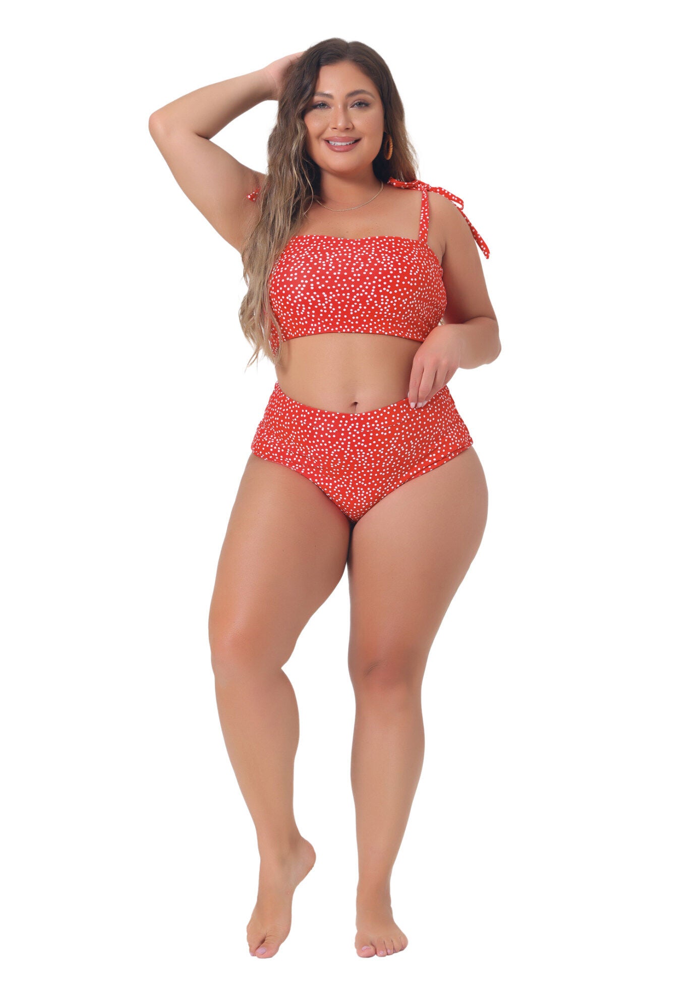 Two Piece Swimsuit Polka Dots Bikini Bandeau, Red / Red, hi-res image number 0