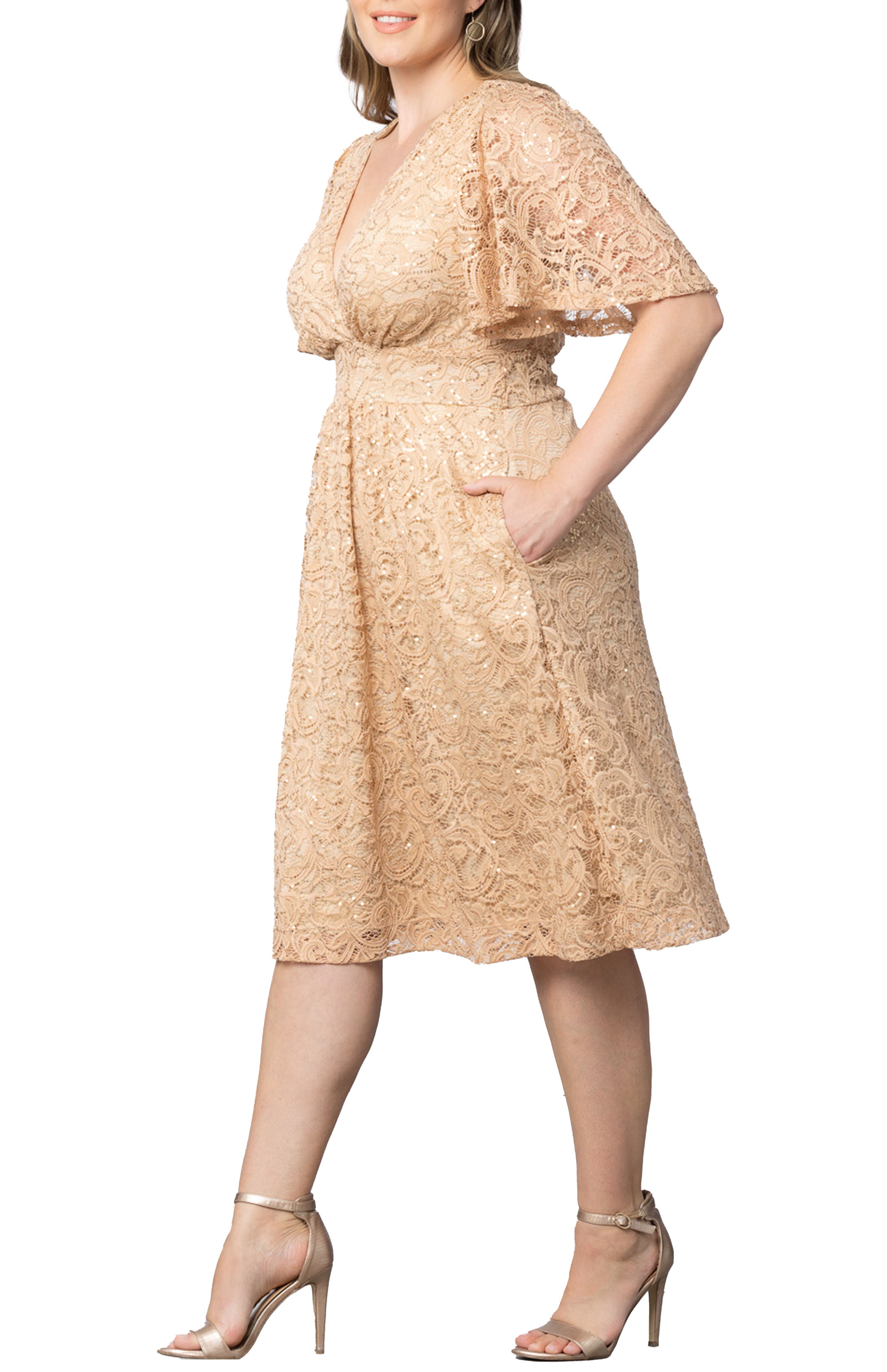 Starry Sequined Lace Cocktail Dress, CHAMPAGNE / Gold, alternate image number 2