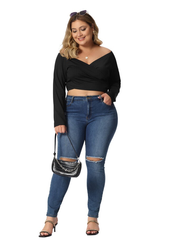OFF SHOULDER LONG SLEEVE CROSS WRAP V NECK CROP TOP, Black / Black, hi-res image number null